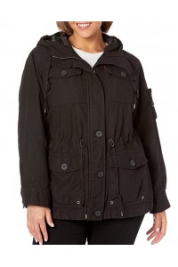 Black Women's Cotton Four Pocket Hooded Field Jacket (Standard & Plus Sizes)