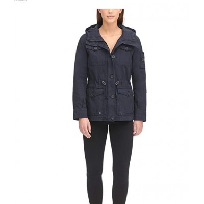 Navy Women's Cotton Four Pocket Hooded Field Jacket (Standard & Plus Sizes)